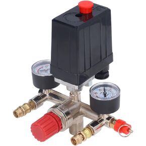 Air Compressor Pressure Switch Control Valve, Air Compressor Vertical Switch Manifold Regulator Gauges Air Compressor Pressure Control Switch Valve with 90-120PS Pressure Gauge and Manifold Regulator