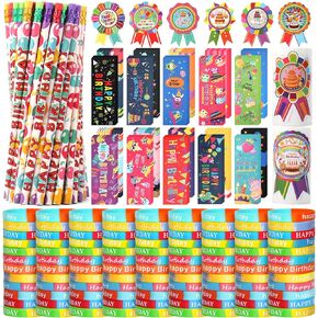 500 Pieces Happy Birthday Gifts Set:100 Pcs Happy Birthday Rubber Bracelets,100 Pcs Happy Birthday Pencils,100 Pcs Happy Birthday Bookmarks and 200 Pcs Happy Birthday Badge Stickers (Style--2)