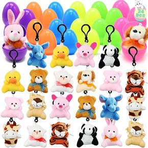 WODMAZ 24 PCS Easter Eggs Filled with Plush Animal Toys, Mini Stuffed Animals Plush Keychain Set for Kids Easter Party Favors, Easter Basket Stuffers Fillers, Easter Egg Hunt, Easter Classroom Prize