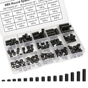 200PCS Black ABS Plastic Round Spacer Assortment Kit for M5 Screws Round Straight Tube (ID 5.4mm 0.21inch) 12 Heights 0.11inch-0.98inch
