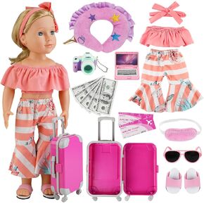 17 PCS Doll Travel Set Suitcase American Doll Accessories for Girl 18 Inch Including Suitcase Luggage A Set of Clothes Slippers Sunglasses Camera Laptop Unicorn Pillow Blindfold
