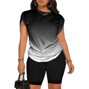 PINSV Women 2 Piece Outfits Summer Sweatsuits Track Suits Biker Short Workout Jogger Sets Black Gradient L