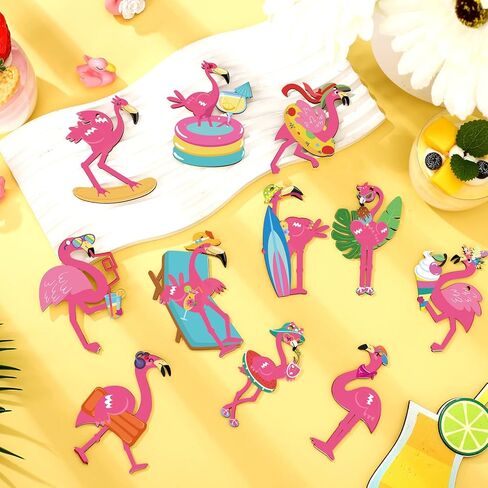 36 Pcs Flamingo Ornaments Tropical Palm Leaves Floral Flower Wooden Hanging Tree Ornament for Summer Hawaiian Beach Luau Aloha Birthday Bachelorette Wedding Bridal Shower Party Decorations in Kuwait