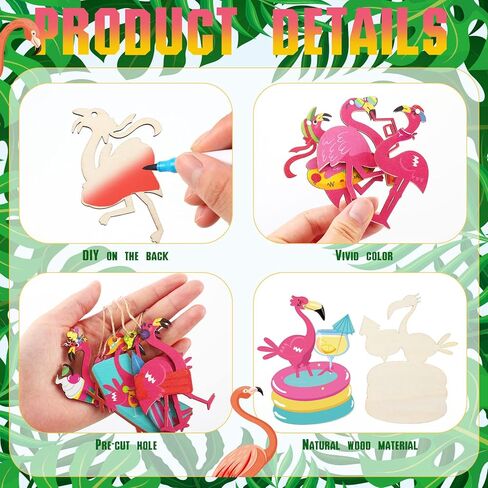 36 Pcs Flamingo Ornaments Tropical Palm Leaves Floral Flower Wooden Hanging Tree Ornament for Summer Hawaiian Beach Luau Aloha Birthday Bachelorette Wedding Bridal Shower Party Decorations in Kuwait
