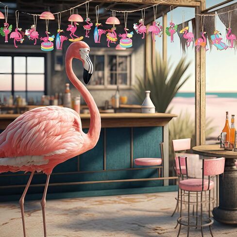 36 Pcs Flamingo Ornaments Tropical Palm Leaves Floral Flower Wooden Hanging Tree Ornament for Summer Hawaiian Beach Luau Aloha Birthday Bachelorette Wedding Bridal Shower Party Decorations in Kuwait