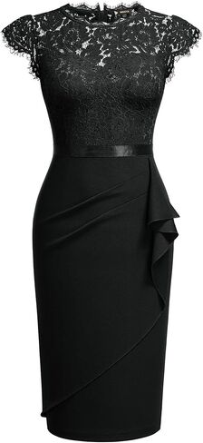 فستان Miusol نسائي أنيق مزين بالدانتيل ومكشكش وأكمام قصيرة لحفلات الكوكتيل in Kuwait