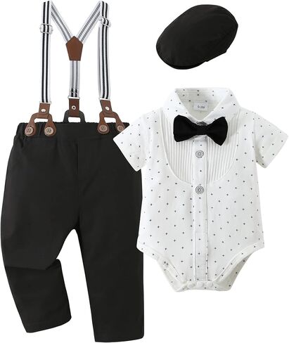 YUEMION Baby Boy Clothes Set Infant Tuxedo Long Sleeve Gentleman Suit Outfits + Beret Hat + Suspender Pants + Bowtie(L White - short sleeve, 3-6 Months) in Saudi Arabia
