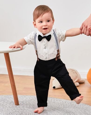 YUEMION Baby Boy Clothes Set Infant Tuxedo Long Sleeve Gentleman Suit Outfits + Beret Hat + Suspender Pants + Bowtie(L White - short sleeve, 3-6 Months) in Saudi Arabia