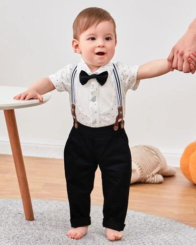YUEMION Baby Boy Clothes Set Infant Tuxedo Long Sleeve Gentleman Suit Outfits + Beret Hat + Suspender Pants + Bowtie(L White - short sleeve, 3-6 Months) in Saudi Arabia