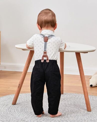 YUEMION Baby Boy Clothes Set Infant Tuxedo Long Sleeve Gentleman Suit Outfits + Beret Hat + Suspender Pants + Bowtie(L White - short sleeve, 3-6 Months) in Saudi Arabia