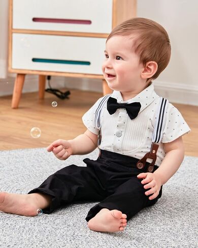 YUEMION Baby Boy Clothes Set Infant Tuxedo Long Sleeve Gentleman Suit Outfits + Beret Hat + Suspender Pants + Bowtie(L White - short sleeve, 3-6 Months) in Saudi Arabia