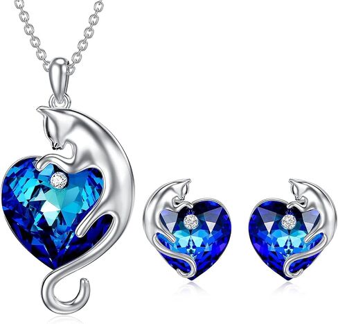 AOBOCO Cat Jewelry Sterling Silver Cat Necklace and Earrings Set with Ocean Blue Crystal from Austria, Cat Jewelry Gifts for Cat Lovers in Saudi Arabia
