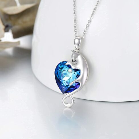 AOBOCO Cat Jewelry Sterling Silver Cat Necklace and Earrings Set with Ocean Blue Crystal from Austria, Cat Jewelry Gifts for Cat Lovers in Saudi Arabia
