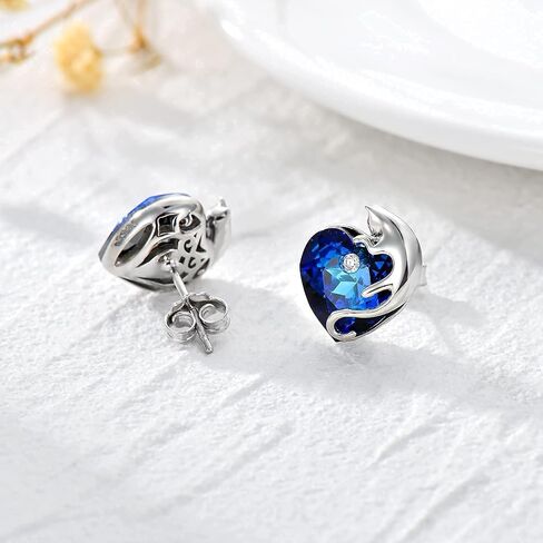 AOBOCO Cat Jewelry Sterling Silver Cat Necklace and Earrings Set with Ocean Blue Crystal from Austria, Cat Jewelry Gifts for Cat Lovers in Saudi Arabia