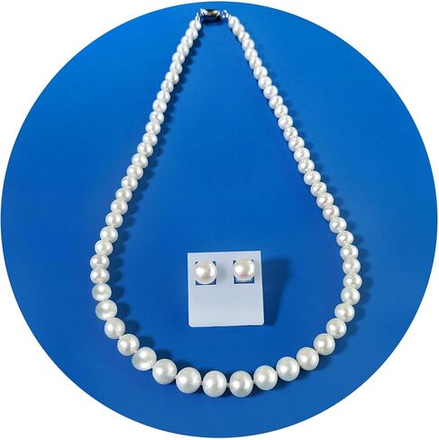 مجموعة قلادات لؤلؤ المياه العذبة - أقراط لؤلؤ من الفضة الإسترلينية هي مجموعة مجوهرات نسائية مصنوعة من مزيج من اللؤلؤ بدرجة AAAA (19 بوصة، أبيض حليبي) in Kuwait