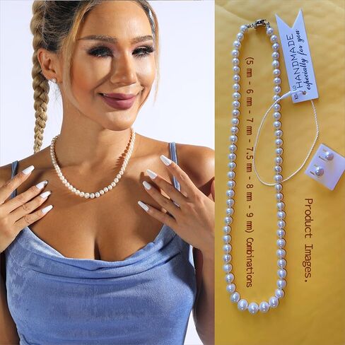 مجموعة قلادات لؤلؤ المياه العذبة - أقراط لؤلؤ من الفضة الإسترلينية هي مجموعة مجوهرات نسائية مصنوعة من مزيج من اللؤلؤ بدرجة AAAA (19 بوصة، أبيض حليبي) in Kuwait