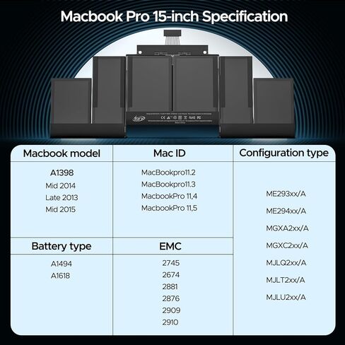 بطارية A1398، استبدال بطارية MacBook Pro Retina مقاس 15 بوصة لجهاز A1398 (أواخر 2013، منتصف 2014، أوائل/منتصف 2015)، موديلات بطارية الكمبيوتر المحمول المتوافقة A1494 A1618 8700 مللي أمبير. in Kuwait