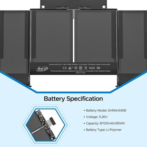 بطارية A1398، استبدال بطارية MacBook Pro Retina مقاس 15 بوصة لجهاز A1398 (أواخر 2013، منتصف 2014، أوائل/منتصف 2015)، موديلات بطارية الكمبيوتر المحمول المتوافقة A1494 A1618 8700 مللي أمبير. in Kuwait