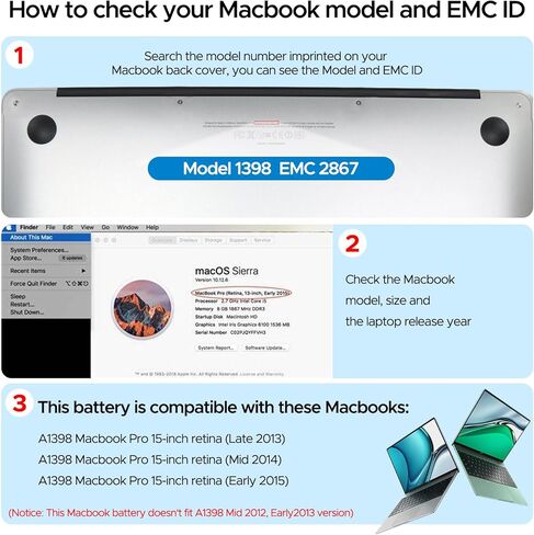 بطارية A1398، استبدال بطارية MacBook Pro Retina مقاس 15 بوصة لجهاز A1398 (أواخر 2013، منتصف 2014، أوائل/منتصف 2015)، موديلات بطارية الكمبيوتر المحمول المتوافقة A1494 A1618 8700 مللي أمبير. in Kuwait