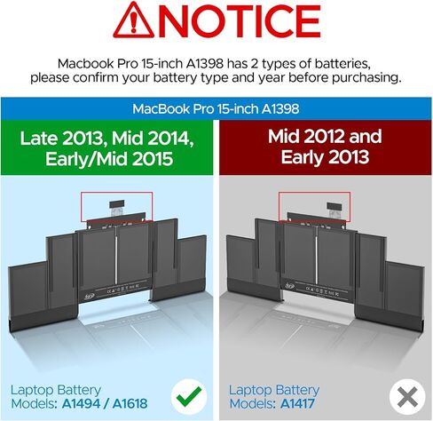 بطارية A1398، استبدال بطارية MacBook Pro Retina مقاس 15 بوصة لجهاز A1398 (أواخر 2013، منتصف 2014، أوائل/منتصف 2015)، موديلات بطارية الكمبيوتر المحمول المتوافقة A1494 A1618 8700 مللي أمبير. in Kuwait