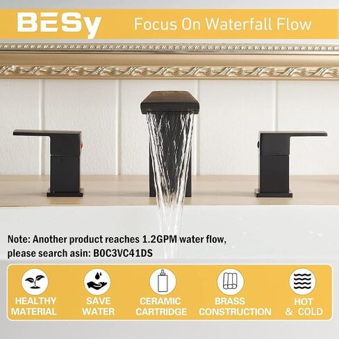 BESy Matte Black Bathroom Faucet 3 Holes Two Handles Vanity Widespread 8 Inch Bathroom Sink Faucet, Waterfall Bathroom Sink Faucet with cUPC Supply Hoses, Pop Up Drain, Stainless Steel in Saudi Arabia