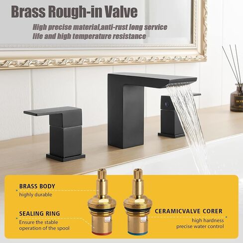 BESy Matte Black Bathroom Faucet 3 Holes Two Handles Vanity Widespread 8 Inch Bathroom Sink Faucet, Waterfall Bathroom Sink Faucet with cUPC Supply Hoses, Pop Up Drain, Stainless Steel in Saudi Arabia