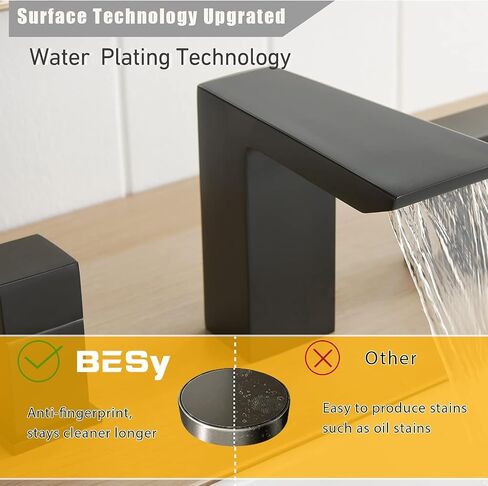 BESy Matte Black Bathroom Faucet 3 Holes Two Handles Vanity Widespread 8 Inch Bathroom Sink Faucet, Waterfall Bathroom Sink Faucet with cUPC Supply Hoses, Pop Up Drain, Stainless Steel in Saudi Arabia