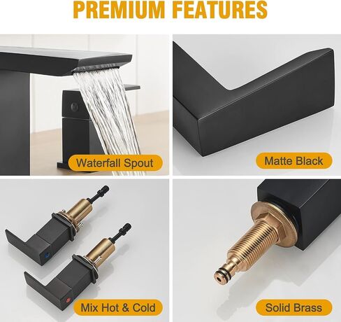 BESy Matte Black Bathroom Faucet 3 Holes Two Handles Vanity Widespread 8 Inch Bathroom Sink Faucet, Waterfall Bathroom Sink Faucet with cUPC Supply Hoses, Pop Up Drain, Stainless Steel in Saudi Arabia