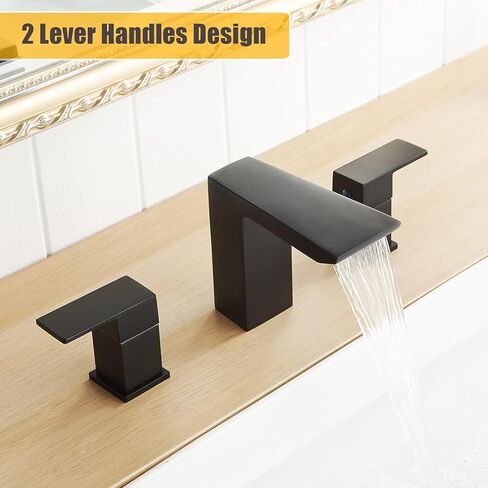 BESy Matte Black Bathroom Faucet 3 Holes Two Handles Vanity Widespread 8 Inch Bathroom Sink Faucet, Waterfall Bathroom Sink Faucet with cUPC Supply Hoses, Pop Up Drain, Stainless Steel in Saudi Arabia