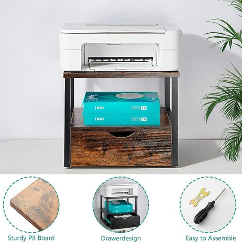 Modern 2 Tier Printer Stand Vintage Brown Printer Table with Sliding Storage Drawer Printer Stand Rolling Cart Rack for Fax Machine, Scanner Office and Home Storage Rack, Elegant Black in Kuwait