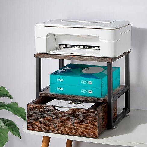 Modern 2 Tier Printer Stand Vintage Brown Printer Table with Sliding Storage Drawer Printer Stand Rolling Cart Rack for Fax Machine, Scanner Office and Home Storage Rack, Elegant Black in Kuwait