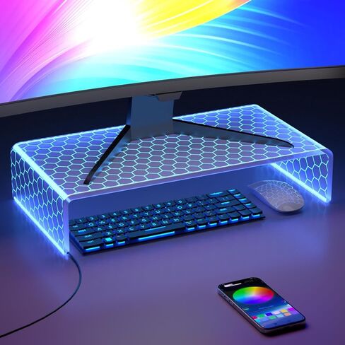حامل شاشة كمبيوتر أكريليك - حامل شاشة الألعاب مع شريط إضاءة LED، رف مكتب للشاشة، حامل شاشة شفاف للمكتب المنزلي، حامل كمبيوتر محمول مع مساحة تخزين، ديكور سطح المكتب، قرص العسل in Kuwait