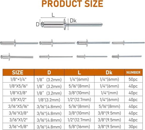 مجموعة متنوعة من مسامير البوب، 320 قطعة من المسامير العمياء المصنوعة من الألومنيوم للمعادن، مجموعة مسامير من الألومنيوم، 8 مقاسات، 1/8 * 1/4 بوصة، 1/8 * 5/16 بوصة، 1/8 * 3/8 بوصة، 1/8 * 1/2"، 3/16*1/4"، 3/16*5/16"، 3/16*1/2"، 3/16*5/8" in Kuwait