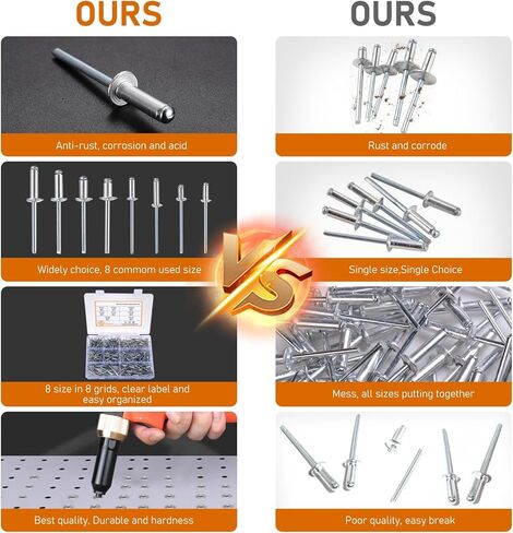 مجموعة متنوعة من مسامير البوب، 320 قطعة من المسامير العمياء المصنوعة من الألومنيوم للمعادن، مجموعة مسامير من الألومنيوم، 8 مقاسات، 1/8 * 1/4 بوصة، 1/8 * 5/16 بوصة، 1/8 * 3/8 بوصة، 1/8 * 1/2"، 3/16*1/4"، 3/16*5/16"، 3/16*1/2"، 3/16*5/8" in Kuwait
