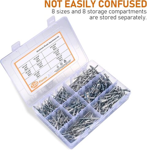 مجموعة متنوعة من مسامير البوب، 320 قطعة من المسامير العمياء المصنوعة من الألومنيوم للمعادن، مجموعة مسامير من الألومنيوم، 8 مقاسات، 1/8 * 1/4 بوصة، 1/8 * 5/16 بوصة، 1/8 * 3/8 بوصة، 1/8 * 1/2"، 3/16*1/4"، 3/16*5/16"، 3/16*1/2"، 3/16*5/8" in Kuwait