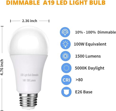 Dimmable LED Light Bulbs 100 Watt Equivalent,A19 14W E26 Medium Base,1500 Lumens Daylight 5000K(6-Pack) in Kuwait