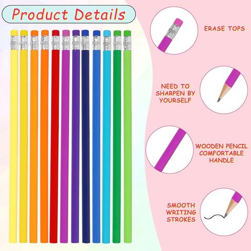 Whaline 48Pcs Colorful Pencils with Erasers Rainbow Color Wooden Pencils Unsharpened Writing Drawing Pencils for School Company Office Stationery Gift in Saudi Arabia