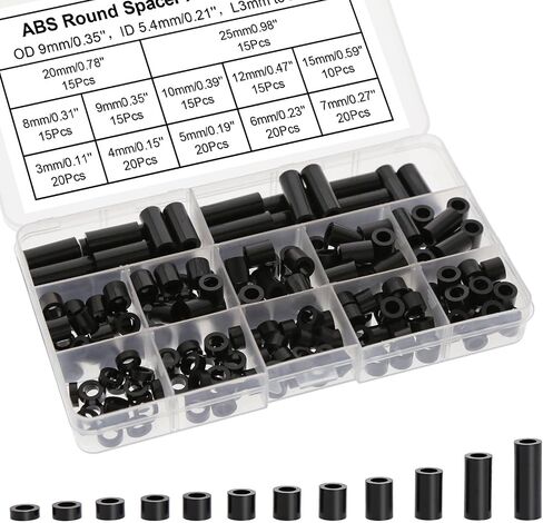 200 قطعة من البلاستيك ABS الأسود مجموعة متنوعة من الفواصل المستديرة لمسامير M5 أنبوب مستقيم مستدير (ID 5.4 مللي متر 0.21 بوصة) 12 ارتفاع 0.11 بوصة-0.98 بوصة in Kuwait