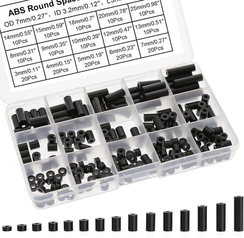 200 قطعة من البلاستيك ABS الأسود مجموعة متنوعة من الفواصل المستديرة لمسامير M5 أنبوب مستقيم مستدير (ID 5.4 مللي متر 0.21 بوصة) 12 ارتفاع 0.11 بوصة-0.98 بوصة in Kuwait