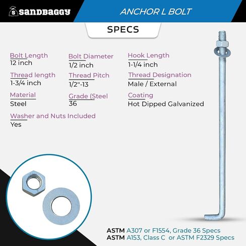 Sandbaggy 1/2 "× 12" مرساة خرسانية ملولبة L -bolts (المكسرات والغسالات المشمولة) - حار غطس مجلفن - صفيحة عتبة ، صفيحة قاعدة ، البناء ، الخشب ، مرساة الأسمنت ، J الترباس (50 ، 1/2 "× 12") in Saudi Arabia