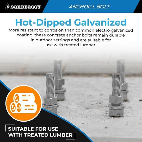 Sandbaggy 1/2 "× 12" مرساة خرسانية ملولبة L -bolts (المكسرات والغسالات المشمولة) - حار غطس مجلفن - صفيحة عتبة ، صفيحة قاعدة ، البناء ، الخشب ، مرساة الأسمنت ، J الترباس (50 ، 1/2 "× 12") in Saudi Arabia