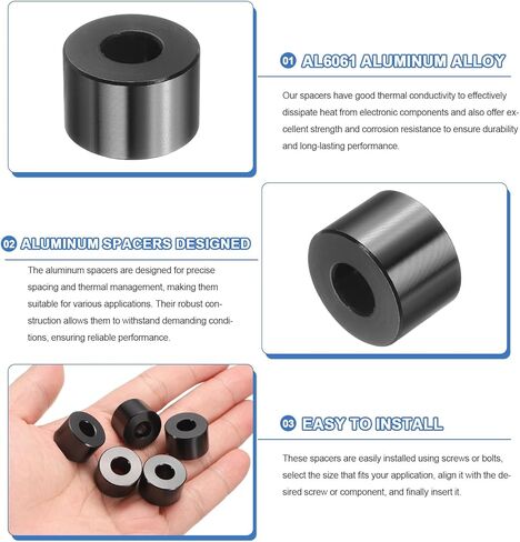 UXCELL 10 PCS فاصل الألمنيوم ، 5/16 "Bore x 3/4" OD X 1/2 "طول فاصل أسود مستدير غير متخلف من الفواصل المعدنية اللمسات الأخيرة in Kuwait