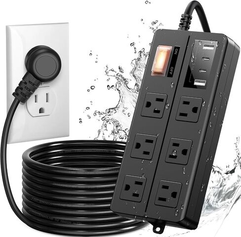 IPX6 Outdoor Power Strip Weatherproof, Waterproof Surge Protector with 6 Wide Outlet with 3 USB Ports, 6FT Long Extension Cord, Wall Mountable for Outside Decorations and More UL Listed(Black) in Saudi Arabia