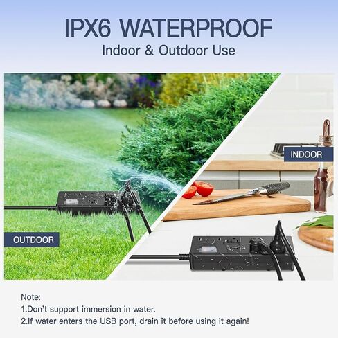 IPX6 Outdoor Power Strip Weatherproof, Waterproof Surge Protector with 6 Wide Outlet with 3 USB Ports, 6FT Long Extension Cord, Wall Mountable for Outside Decorations and More UL Listed(Black) in Saudi Arabia