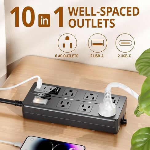 IPX6 Outdoor Power Strip Weatherproof, Waterproof Surge Protector with 6 Wide Outlet with 3 USB Ports, 6FT Long Extension Cord, Wall Mountable for Outside Decorations and More UL Listed(Black) in Saudi Arabia