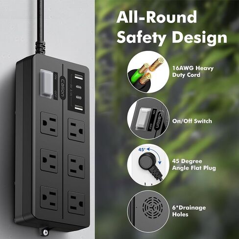 IPX6 Outdoor Power Strip Weatherproof, Waterproof Surge Protector with 6 Wide Outlet with 3 USB Ports, 6FT Long Extension Cord, Wall Mountable for Outside Decorations and More UL Listed(Black) in Saudi Arabia