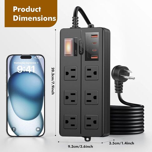 IPX6 Outdoor Power Strip Weatherproof, Waterproof Surge Protector with 6 Wide Outlet with 3 USB Ports, 6FT Long Extension Cord, Wall Mountable for Outside Decorations and More UL Listed(Black) in Saudi Arabia