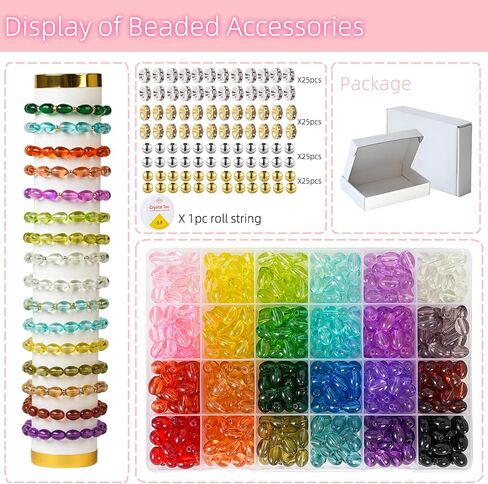 REVKI 6 * 12mm Glass Beads for Bracelets, 24 Colors Natural Bamboo Joint Shaped Crystal Beads for Jewelry Making, 600pcs Bamboo Shaped Glass Beads for DIY Necklace Crafts with Spacer Beads and Charms in Kuwait