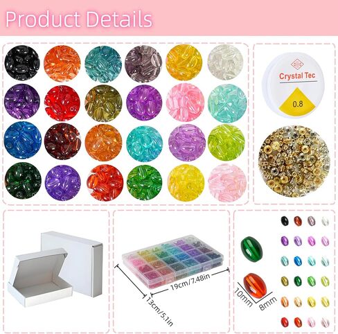 REVKI 6 * 12mm Glass Beads for Bracelets, 24 Colors Natural Bamboo Joint Shaped Crystal Beads for Jewelry Making, 600pcs Bamboo Shaped Glass Beads for DIY Necklace Crafts with Spacer Beads and Charms in Kuwait