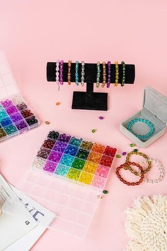 REVKI 6 * 12mm Glass Beads for Bracelets, 24 Colors Natural Bamboo Joint Shaped Crystal Beads for Jewelry Making, 600pcs Bamboo Shaped Glass Beads for DIY Necklace Crafts with Spacer Beads and Charms in Kuwait